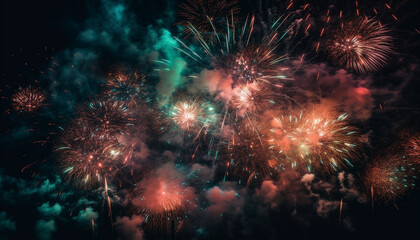 Fototapeta na wymiar Explosive fireworks illuminate the dark night sky in celebration generated by AI