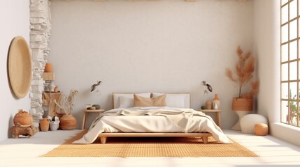 Scan dinavian boho bedroom mockup interior with white.Generative AI