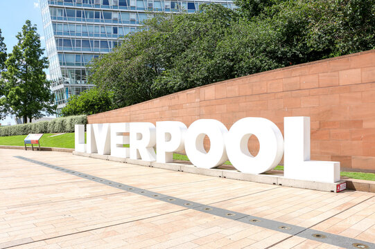 Massive Liverpool sign by Liverpool One in the city centre, great photo opportunity for tourists. Liverpool famous city in north west England, United Kingdom.