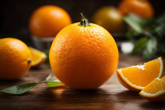 Tangerines on a wooden table. Generative AI.