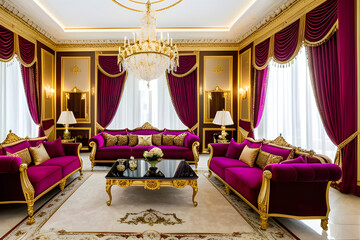 The living room is a traditional and opulent space with ornate furniture, luxurious drapes, and a grand chandelier, exuding a sense of timeless elegance and sophistication. Generative AI
