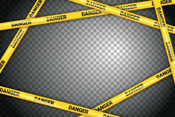 Fotobehang Realistic danger tapes or Police line. Crossing danger ribbons of caution signs for construction area or crime scene in yellow. Do not cross ribbon. Ribbons for accident, under construction © Ester.V