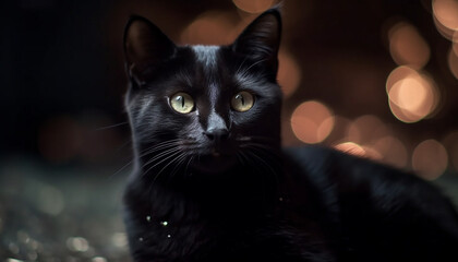 A cute black kitten staring at the camera outdoors generated by AI