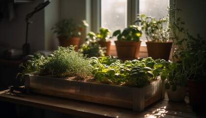 Fototapeta na wymiar Fresh green seedling in flower pot grows indoors by window generated by AI