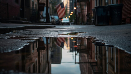 Raindrops blur city lights, reflecting old architecture in wet streets generated by AI