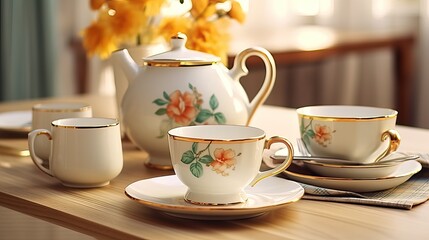 Fototapeta premium A wooden table set for a morning tea party with beautiful flowers and a tea set on a sunny day. Morning cozy home atmosphere. Generative AI.