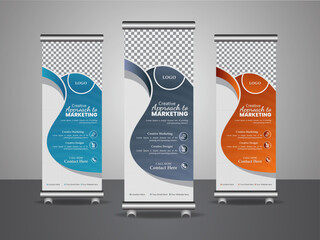 A contemporary roll-up banner design for your company, colorful design, three color variation, Vector illustration editable layout - obrazy, fototapety, plakaty