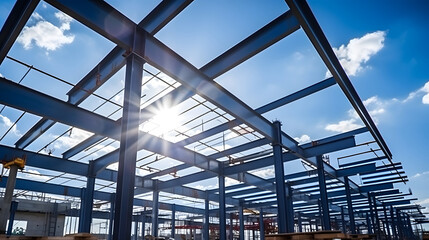 Structure of steel for building construction on sky background., industrial zone steel bridge - obrazy, fototapety, plakaty