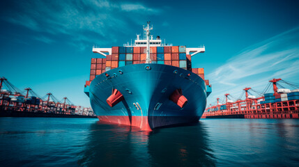 Front view of container ship in the international terminal logistic sea port - obrazy, fototapety, plakaty