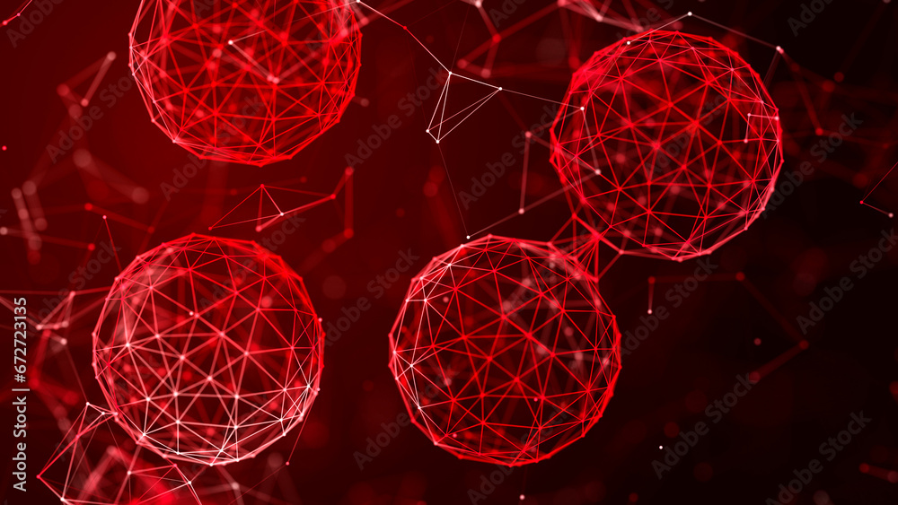 Poster Abstract spheres with connected dots and lines. Illustration with elements of viruses, bacteria on a dark background. 3d