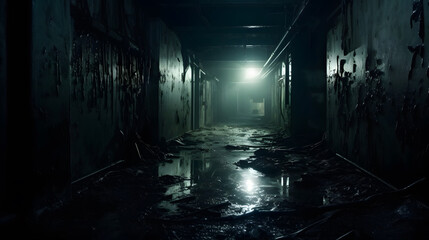 Creepy old shabby corridor of mental hospital with puddles on the floor, horror, dark corridor of abandoned building, abandoned house interior, spooky, scary background