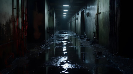 Creepy old shabby corridor of mental hospital with puddles on the floor, horror, dark corridor of abandoned building, abandoned house interior, spooky, scary background - obrazy, fototapety, plakaty