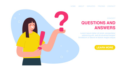 Vector illustration for poster, website, web page, banner with woman holding question and exclamation marks. Analysis of consumer market. Questions and answers, FAQ, frequently asked questions. - obrazy, fototapety, plakaty