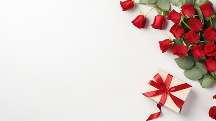 A gift box with a red ribbon and a bunch of red roses, top view