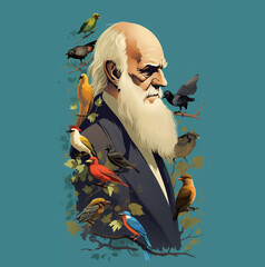 portrait of the scientist Charles Darwin with animals. ai generated