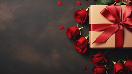 A gift box with a red ribbon and a bunch of red roses, top view