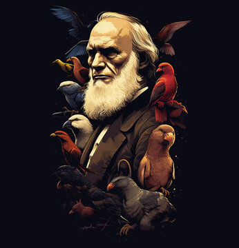 portrait of the scientist Charles Darwin with animals. ai generated