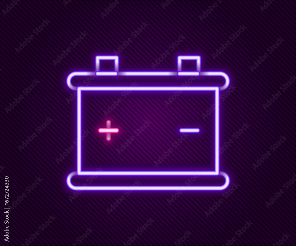 Poster glowing neon line car battery icon isolated on black background. accumulator battery energy power an