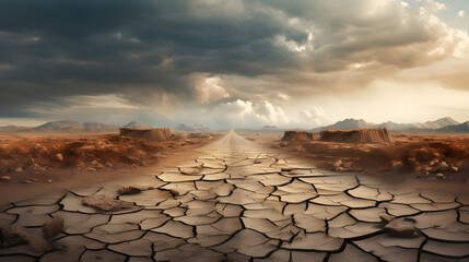 a cracked road with  stormy in highway on a deserted desert