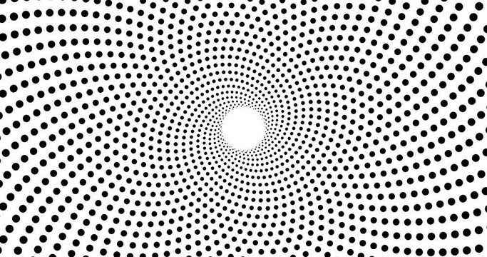 Hypnotic Black and White Spiral Optical Illusion dot Pattern. Abstract Geometric Animated Background. 4K Loop Animation