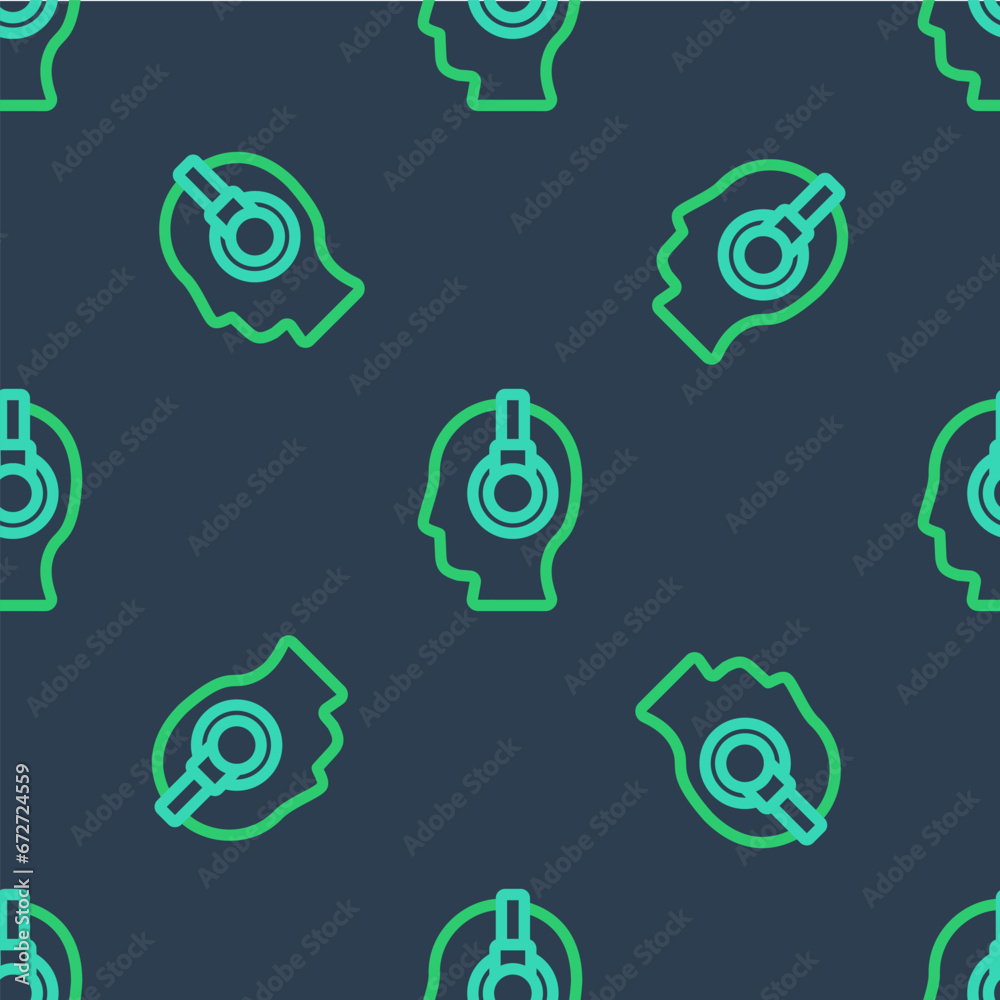 Poster line man with a headset icon isolated seamless pattern on blue background. support operator in touch
