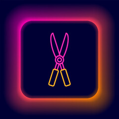 Glowing neon line Gardening handmade scissors for trimming icon isolated on black background. Pruning shears with wooden handles. Colorful outline concept. Vector