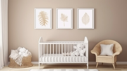 Interior mock up frame in newborn bedroom frames on bright background with rattan crib generative ai