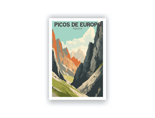 Picos de Europa, Spain. Vintage Travel Posters. Vector art. Famous Tourist Destinations Posters Art Prints Wall Art and Print Set Abstract Travel for Hikers Campers Living Room Decor