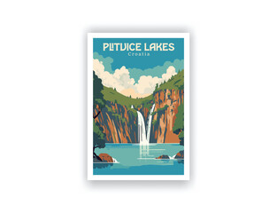 Plitvice Lakes, Croatia. Vintage Travel Posters. Vector art. Famous Tourist Destinations Posters Art Prints Wall Art and Print Set Abstract Travel for Hikers Campers Living Room Decor