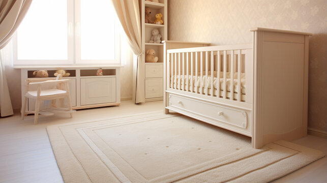 interior of baby room indoors bed carpet. Decorative baby room wooden baby interior. generative ai