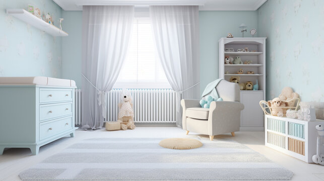 interior of baby room indoors bed carpet. Decorative baby room wooden baby interior. generative ai