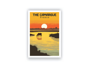 The Camargue, France. Vintage Travel Posters. Vector art. Famous Tourist Destinations Posters Art Prints Wall Art and Print Set Abstract Travel for Hikers Campers Living Room Decor