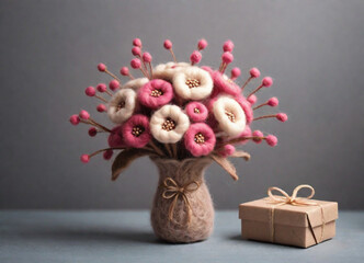 bouquet with pink flowers made from needle felting