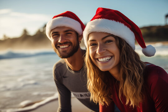 surfer couple in santa hats on beach