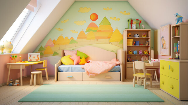 Interior of colorful kids bedroom for child girl. Interior of modern baby room. generative ai