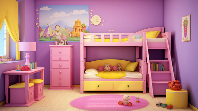 Interior of colorful kids bedroom for child girl. Interior of modern baby room. generative ai