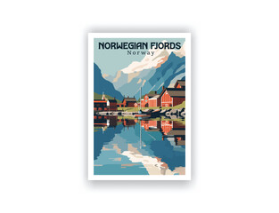 The Norwegian Fjords, Norway. Vintage Travel Posters. Vector art. Famous Tourist Destinations Posters Art Prints Wall Art and Print Set Abstract Travel for Hikers Campers Living Room Decor