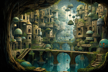 Naklejka na ściany i meble A surreal, floating cityscape with gravity-defying buildings