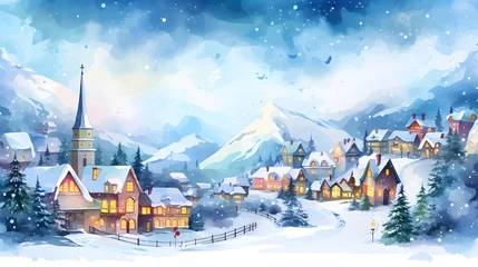 Fototapeten watercolor village santa, Winter or Christmas landscape, fairy tale town, colorful tale houses,. Wonderland, Christmas village , Winter Holidays. New Year © Planetz