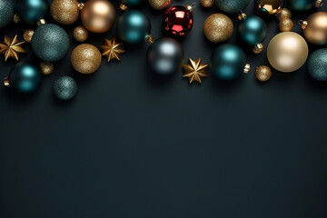 Fototapeta na wymiar Merry Christmas Greetings and Decorations of balls, pine cones and gifts and snowflake