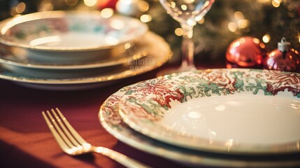 A pattern of holiday-themed kitchen ware with intricate designs on a dining table.