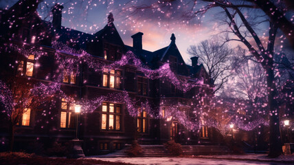 Fototapeta na wymiar Row Houses in the Night. Christmas Lights. Night in the Neighbourhood. Victorian Houses. Purple Decorative Lights. Winter Garden. Generative AI. 