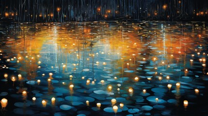 A pattern of twinkling Christmas lights reflecting on a frozen pond's surface.