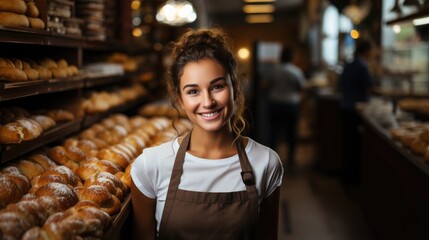 Jeune femme boulangère, avec des pains en arrière plan.