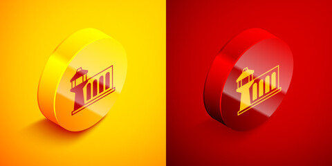 Isometric Airport control tower icon isolated on orange and red background. Circle button. Vector - obrazy, fototapety, plakaty