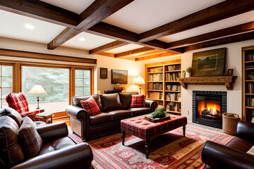 The living room is a cozy and traditional space with a brick fireplace, wooden ceiling beams, a comfortable plaid sofa, and a collection of vintage books. Generative AI