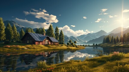 Maison avec panneaux solaire au bord de l'eau avec des montagnes en arrière plan