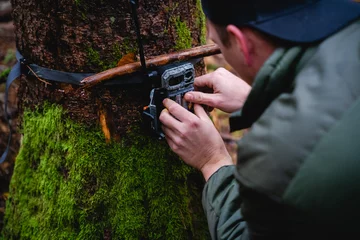 Poster Hunter attaches wildlife camera to tree © aBSicht