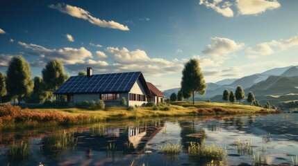 Fototapeta premium Maison avec panneaux solaire au bord de l'eau avec des montagnes en arrière plan