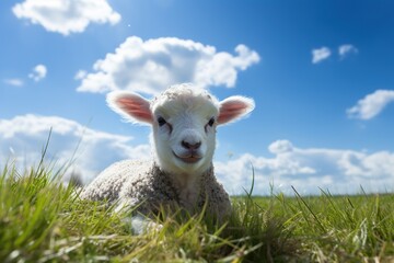 Obraz premium Cute lamb on green grass under blue sky with white clouds.